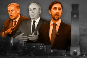 A photo illustration comprised of photos of Texas governor Greg Abbott, Texas A&M University president Mark A. Welsh III and conservative activist Christopher Rufo superimposed on a photograph of Texas A&M's College Station campus.