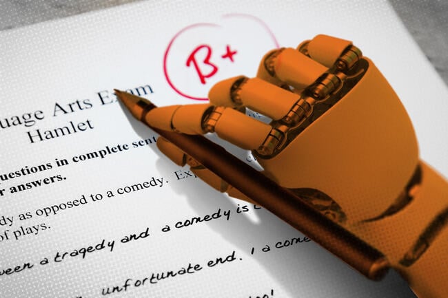 A robot hand grading an essay.