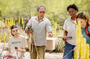 Four people, three women and a man, holding survey tools and dressed to be outdoors.