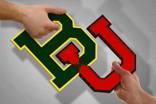 Two hands pull at an interlocking "b" and "u" brand logo.