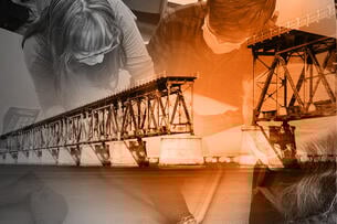 A broken bridge overlaid onto a photo of students.