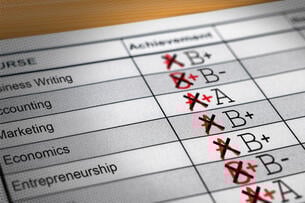 A report card with modified grades that have all been lowered. 