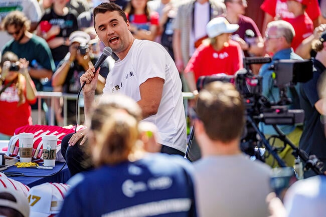 Charlie Kirk speaks at Utah Valley University on September 10, 2025.
