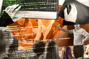 A collection of computer science–related learning environment photos combined into a mosaic.