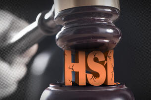 A gavel coming down on the letters "HSI" breaking and cracking them. 