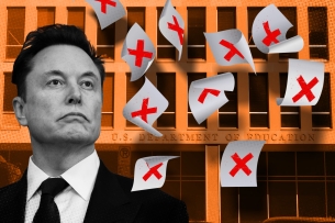A photo illustration consisting of a photo of Elon Musk's face superimposed over a photo of the Education Department's headquarters. There are also images of falling papers with red X's on them.
