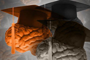 Photo illustration of different-colored brains with graduation caps on.