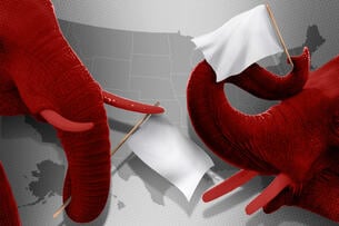 Two red elephants wave small white flags in front of a map of the United States.