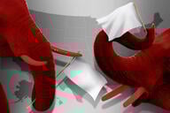 Two red elephants wave small white flags in front of a map of the United States.