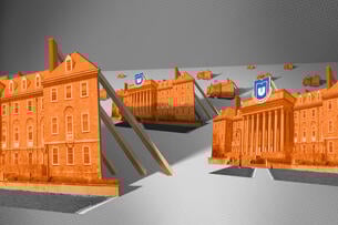 A series of university building facades with nothing behind them stretching into the horizon.