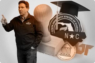 A collage of Florida Governor Ron DeSantis over a rubber stamp and the university state seals of Florida, North Carolina, Georgia and Tennessee.
