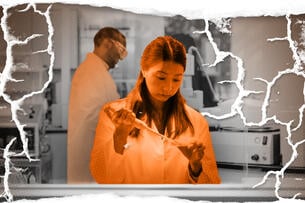 An image of a scientist working in a lab with frayed edges.