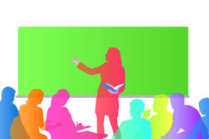 A colorful illustration of a female professor lecturing to a group of students. Each person is depicted as a silhouette of a different color.