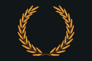 An illustration of an orange laurel wreath against a black background.