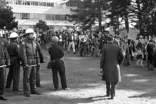 Students and teachers demonstrate on campus during San Francisco State strike, December 6, 1968