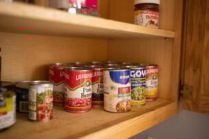 Photograph of canned food on a kitchen pantry shelf 