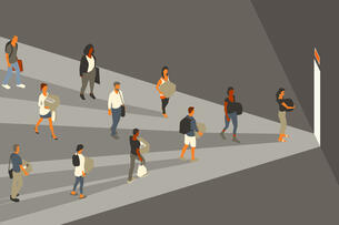 An illustration featuring 11 different employees carrying boxes heading toward the door, suggesting layoffs. They are following a beam of light out the door, while darkness surrounds them.