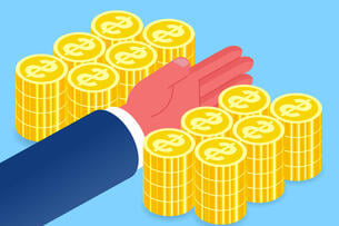 An illustration of a man's arm/hand separating two equally divided piles of gold coins.