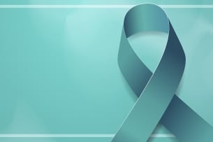A teal ribbon, a symbol for sexual assault awareness and support, against a slightly lighter teal background.