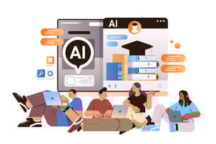 An illustration of a group of four students working on laptops against a backdrop of screens open to AI chat bots.