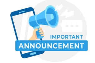 An illustration of a hand holding a megaphone in front of a cellphone, with the words "Important Announcement."