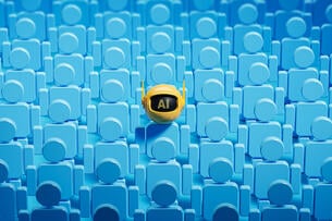 An illustration of a sea of identical blue human figures, with a yellow AI bot standing in as one of the figures’ heads.