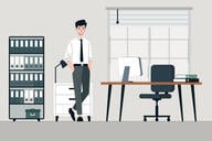 An illustration of a man standing confidently in an office, complete with a desk, chair and a computer, a wall calendar, a lamp and a set of cabinets.