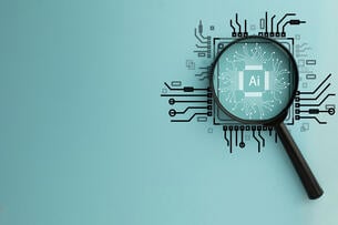 A magnifying glass lies atop a drawing of a circuit board with the letters "AI" in the center.
