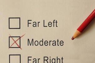 A pencil lies atop a paper survey. There are three boxes—for "far left," "moderate," and "far right"—and the middle box, for "moderate," has been marked with an "X."