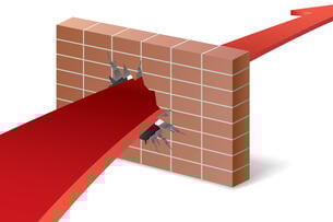An illustration of a red arrow breaking through a brick wall, and curving toward the future.