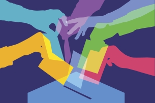 A brightly colored illustration featuring silhouettes of seven arms, all in different colors, reaching toward a ballot box to drop ballots.