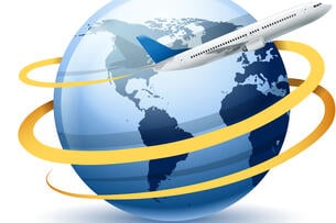 An illustration of a world globe with a plane flying around it.