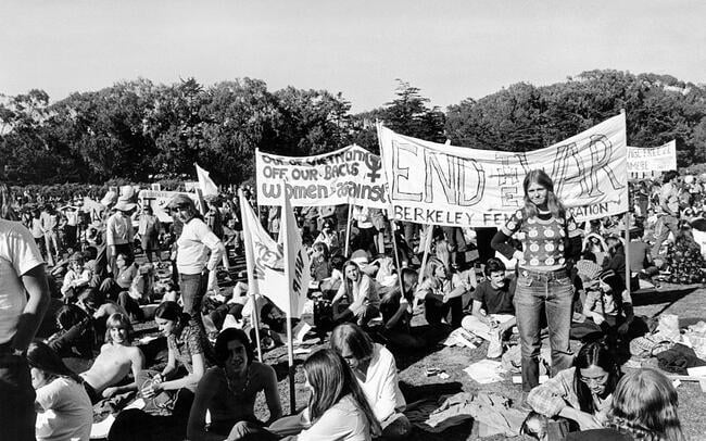 Black-and-white photo of an antiwar demonstration at Berkeley in the 1960s.