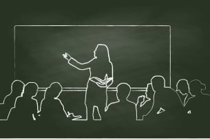 A black and white silhouette-like illustration of an instructor gesturing to a board with a group of students listening.