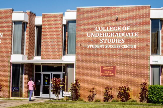 A student enters an academic building on campus at Bethune-Cookman University.