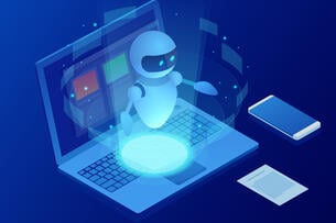 An illustration of an AI chatbot emanating from/hovering over a computer keyboard.