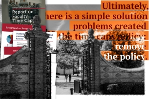 A photo illustration combining quotes and images from Time Caps Working Group reports and a photograph of Harvard University's campus.