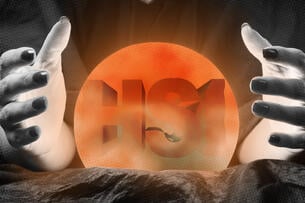 A crystal ball shows the acronym HSI shrouded in fog.