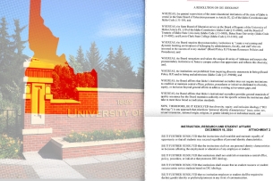 An image of the Idaho State Board of Education resolution overlaid onto an image of the state and a campus.