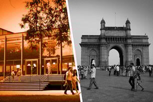 A split image of the Illinois Institute of Technology campus and the Gateway to India in Mumbai. 