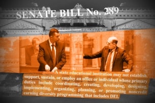A photo illustration consisting of a screenshot of Indiana state lawmakers discussing Senate Bill 289 on the state Senate floor, combined with a quote from the legislation and overlaid over a photo of the Indiana Statehouse.