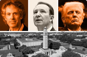 Photos of Ken Levy, Jeff Landry and Donald Trump above a photo of LSU Baton Rouge's campus.