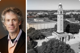 A photograph of Ken Levy next to one of Louisiana State University at Baton Rouge's campus.