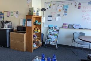 A resource room at a community college in Vermont, stocked with informational pamphlets, tax prep information and free food.
