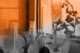 Illustration: Dirty unused lab equipment and a dead plant merge into a classroom laboratory setting with students and a professor. 