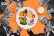 A plate of portioned nutritious food surrounded by various images of US Secretary of Health and Human Services Robert F. Kennedy Jr.
