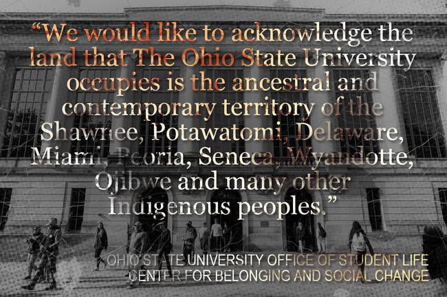 A quote over an image of the Ohio State University library building. 