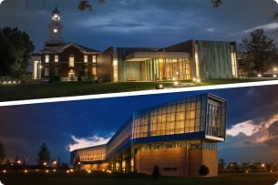 A photograph of the Penn State law school branch in Carlisle and a photograph of the one at the University Park/State College campus.