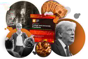 Conceptual photo collage of issues in covered in presidents survey, including a female professor teaching, President Donald Trump, the red survey cover, U.S. currency, wildfires and student protests.