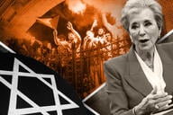 A combination of three images, a Star of David, protests on the Columbia University campus in 2024, and Education Secretary Linda McMahon.